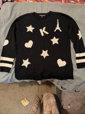 Karl Lagerfeld Black Crewneck Sweater with White Stars & Hearts
